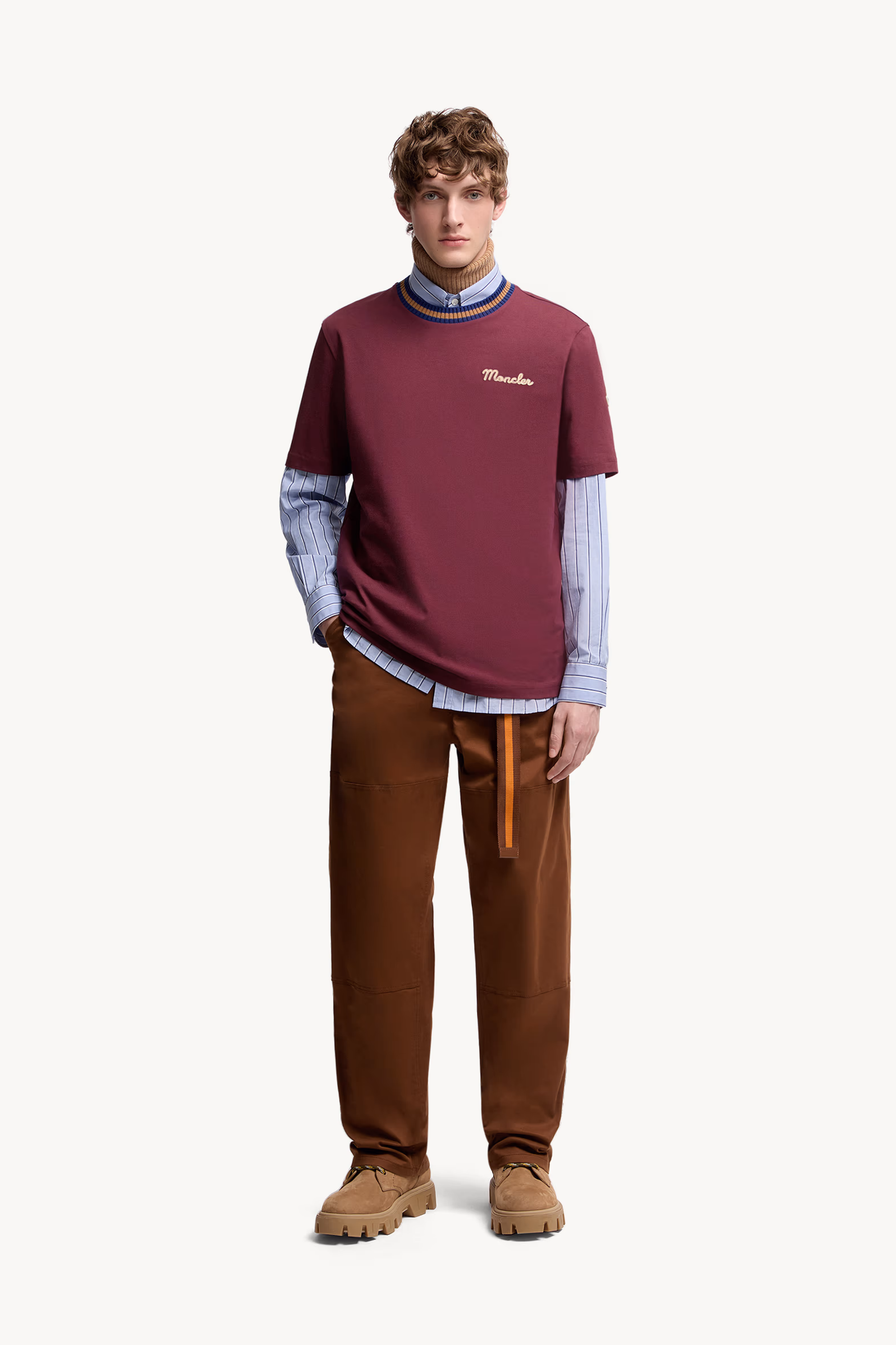 Embroidered Logo Cotton T-Shirt Men Burgundy Moncler 0